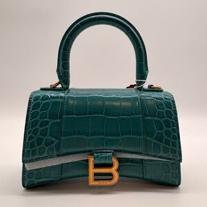 Balenciaga Teal Croc-Embossed Top Handle Satchel with Gold B Logo